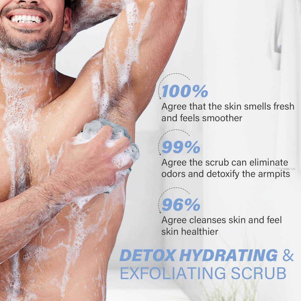 ulluxe applying scrub in shower demonstrating easy use and fresh underarms