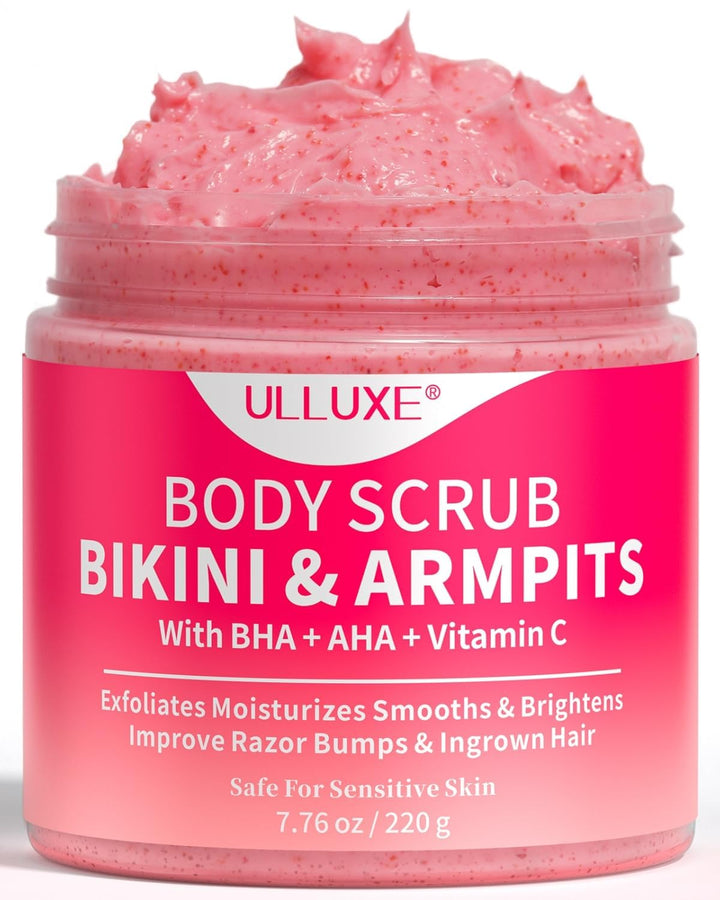 ulluxe front jar showing scrub packaging and clear benefits