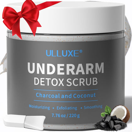 ulluxe jar front view showing charcoal scrub and clear branding benefit brightens skin