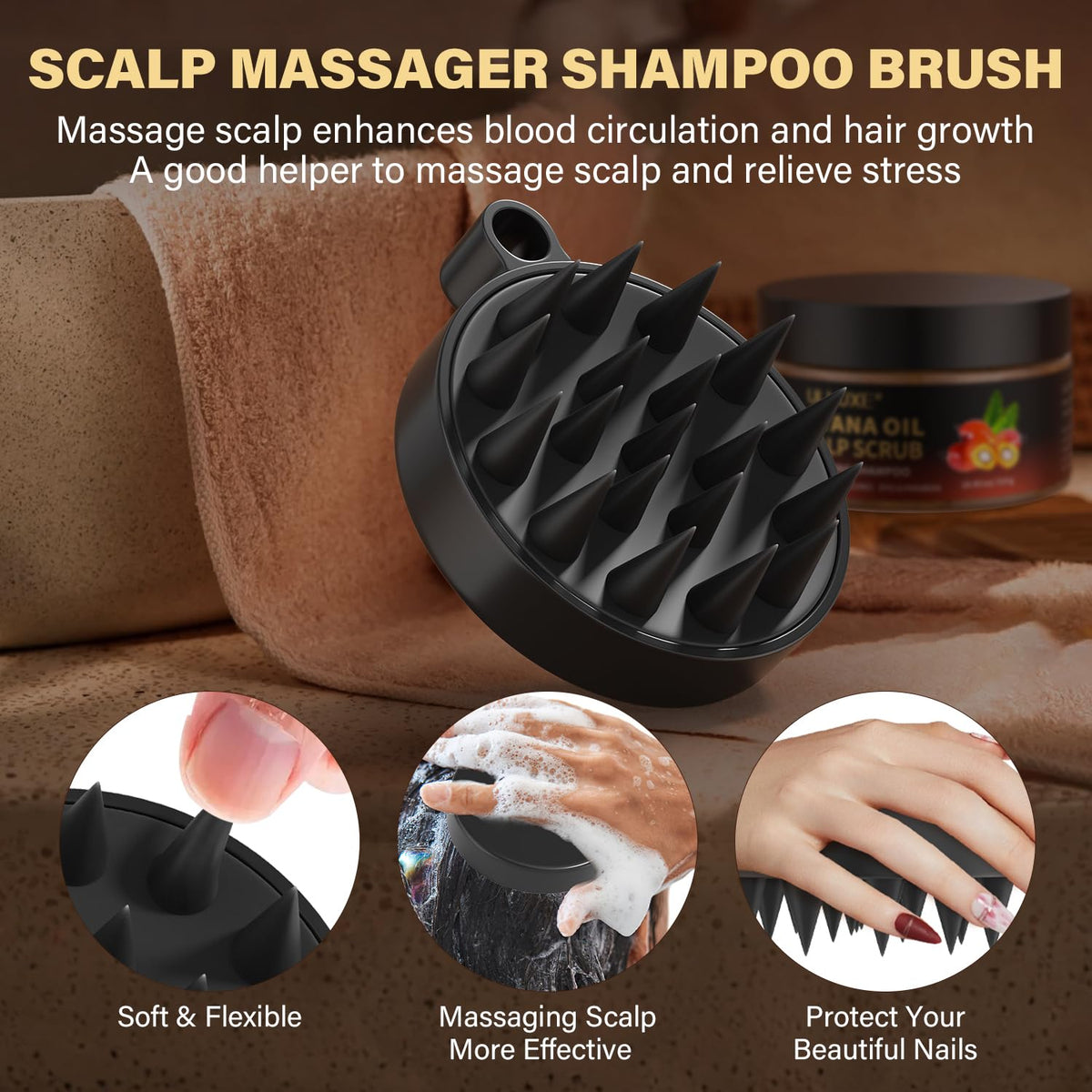ulluxe scalp massager and scrub in hand, demonstrates ease of use