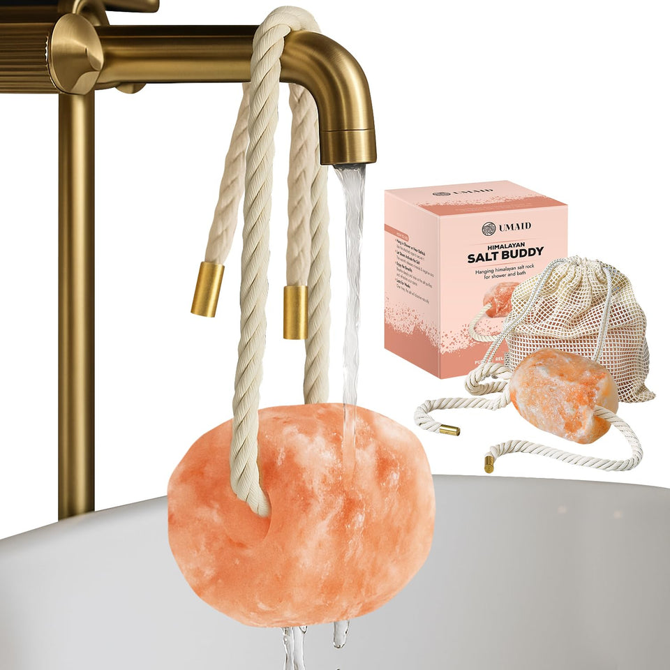 UMAID Salt Buddy front view showing natural pink salt and neat finish, enhancing bathroom decor
