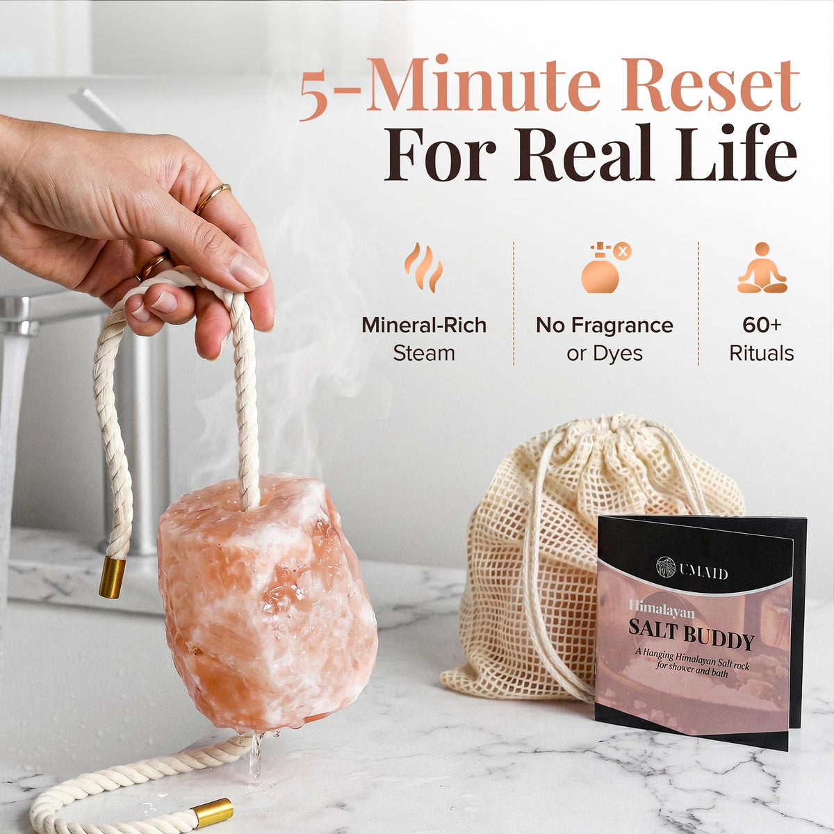 UMAID hanging Salt Buddy in shower producing steam-ready mineral experience and easy placement