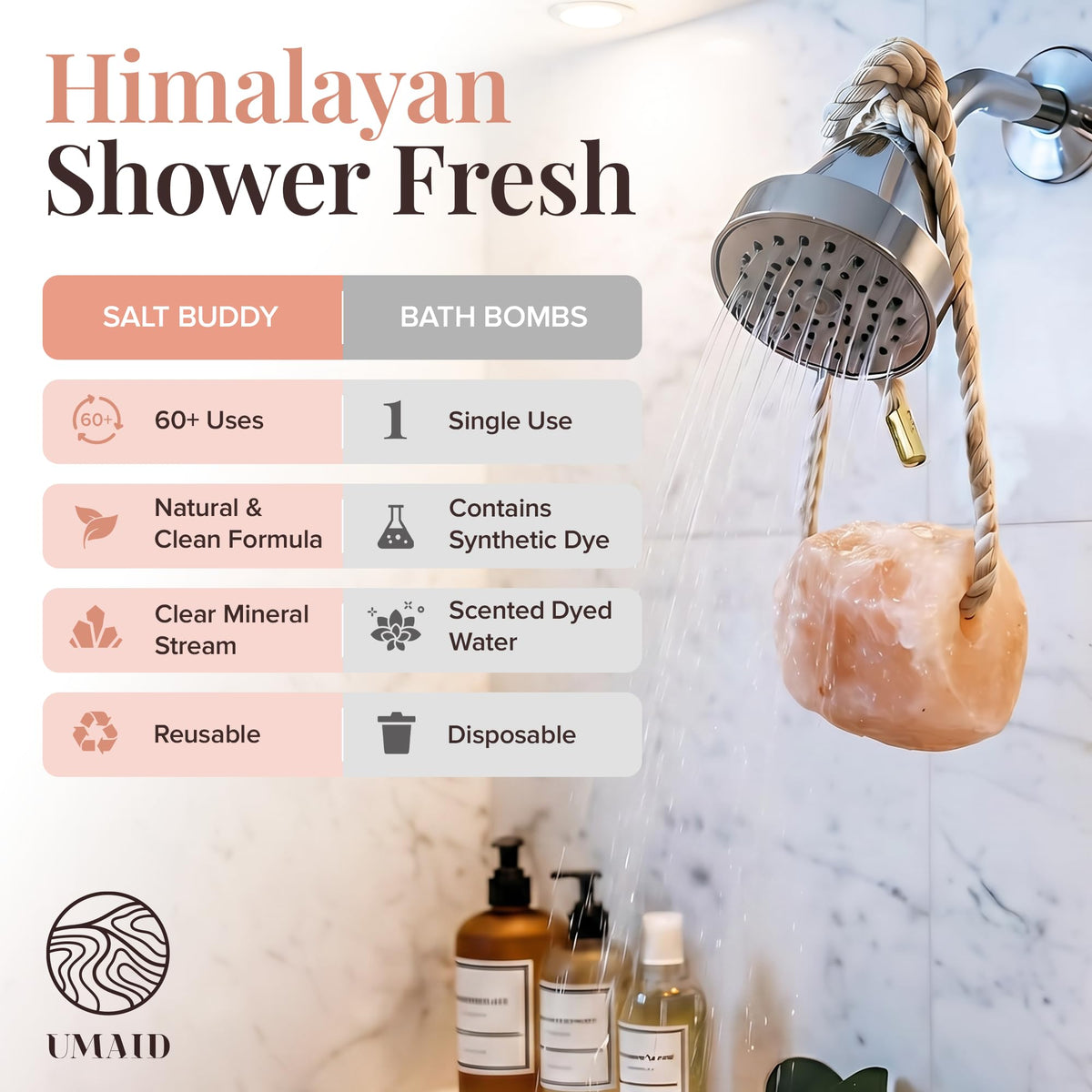 UMAID Salt Buddy in styled bathroom scene for calm spa-like ambiance and gift appeal
