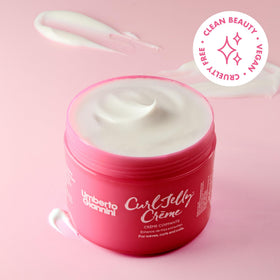 Umberto Giannini cream being applied to damp hair showing frizz reduction benefit