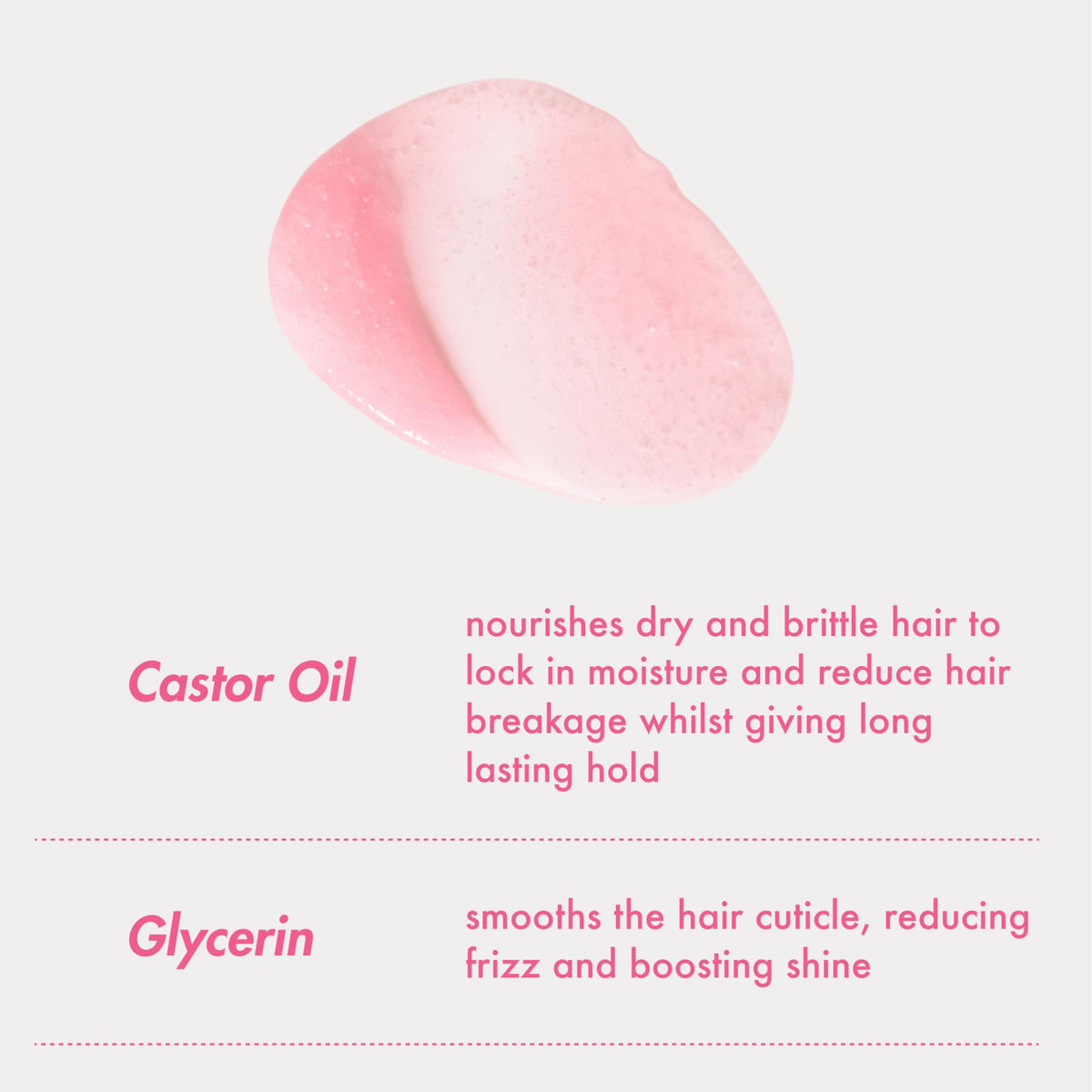 Umberto Giannini clear gel swatch showing glossy, frizz-control finish