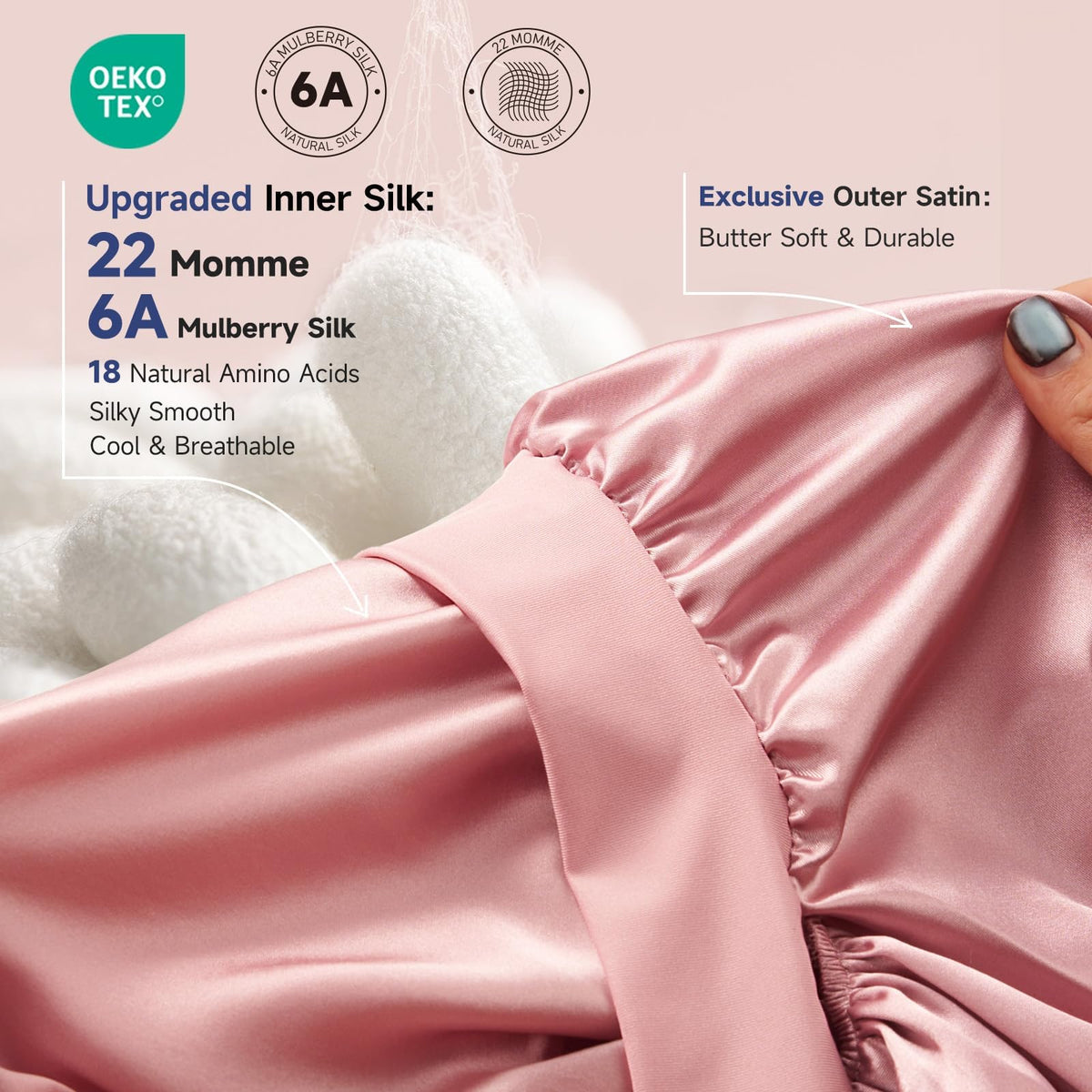 Umisleep close-up of 22 momme silk inner texture highlighting gentle friction reduction