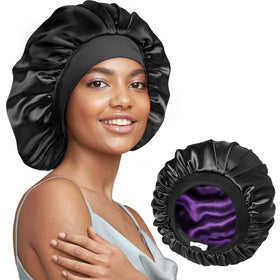Umisleep bonnet front view showing black and purple colors and neat finish for protection
