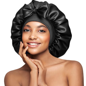 Umisleep front view of jet black silk bonnet packaged, elegant gift presentation