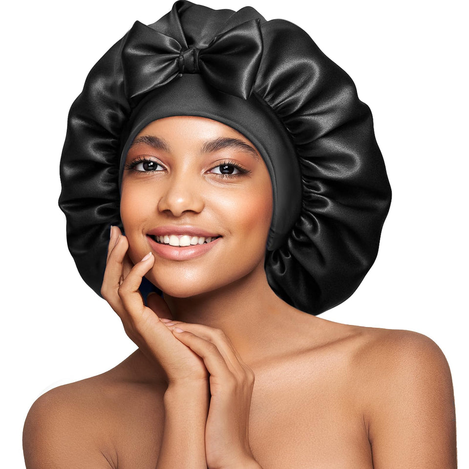 Umisleep front view of jet black silk bonnet packaged, elegant gift presentation