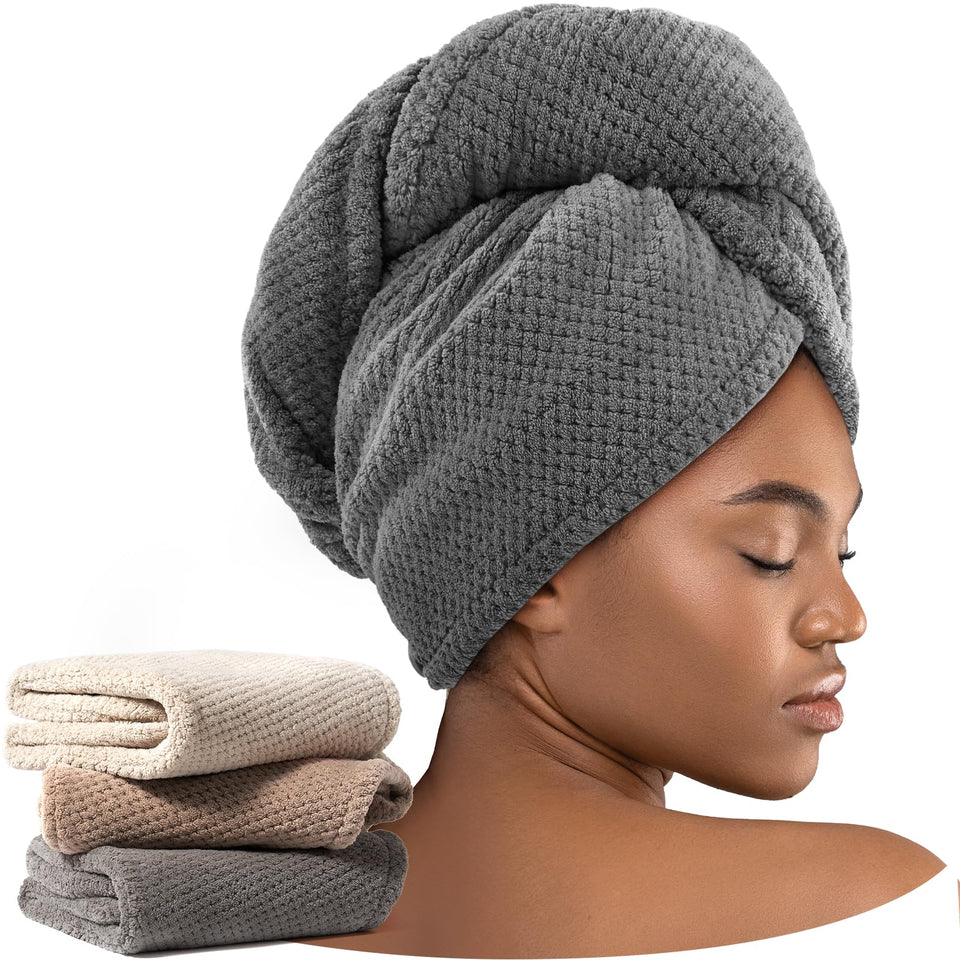 Umisleep front view of three towel wraps showing colors and compact packaging for convenience