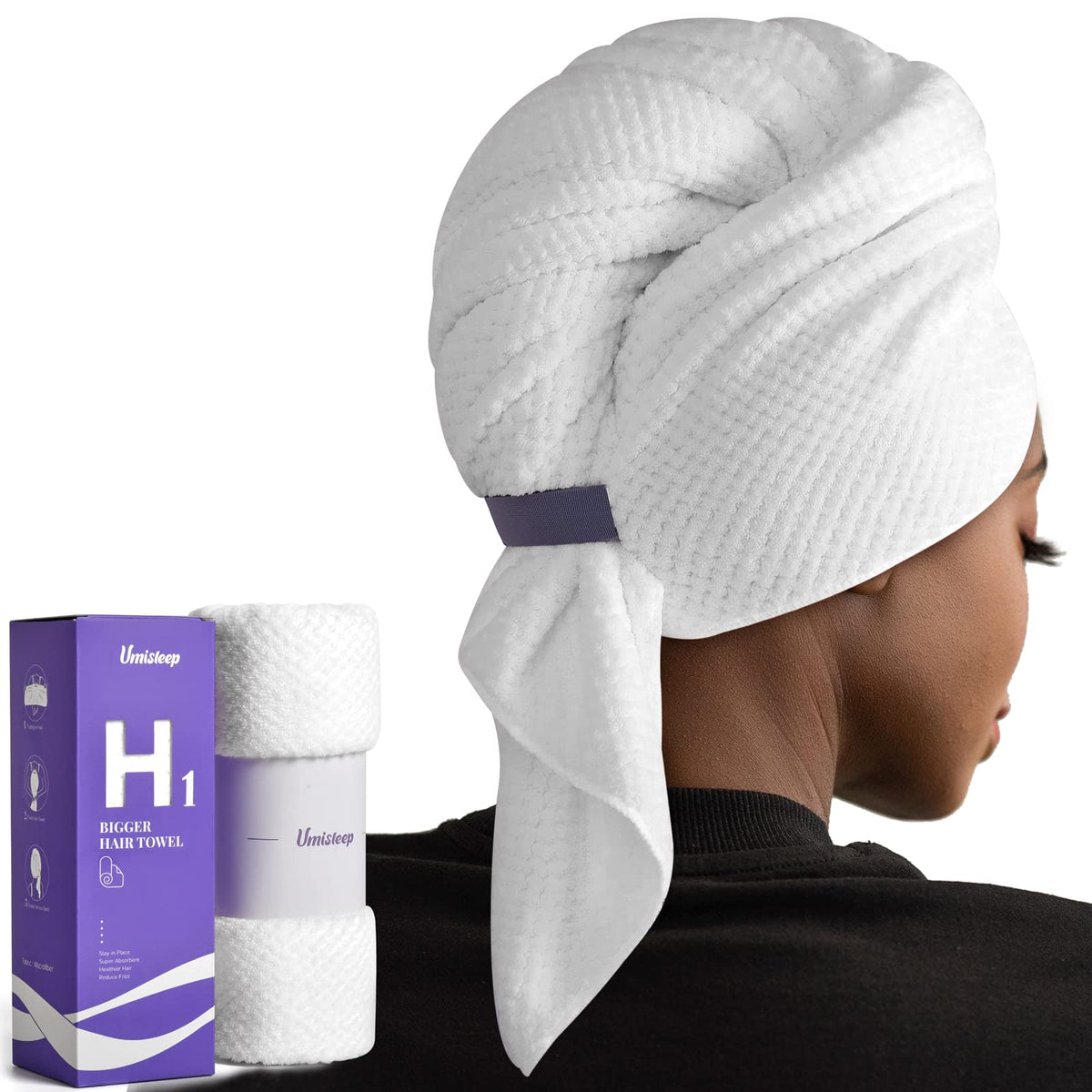 Umisleep front packaging showing extra-large white towel and benefits