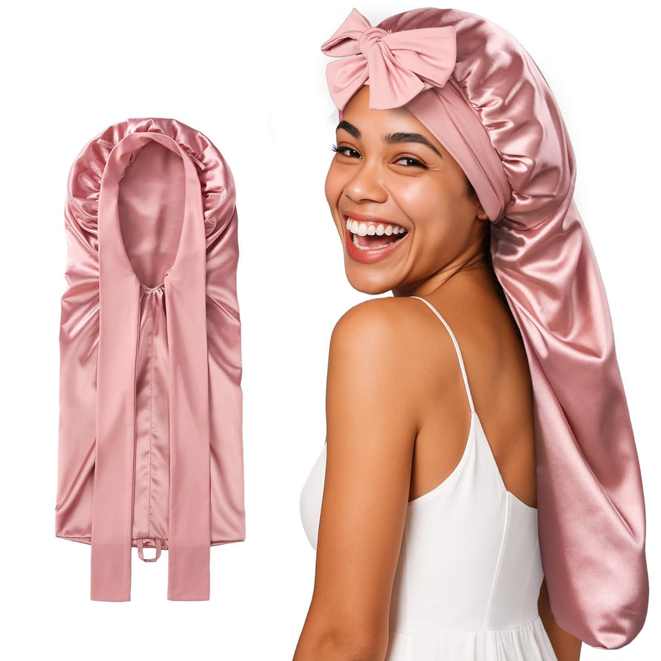 Umisleep front view pink silk bonnet showing fit and shape for overnight protection