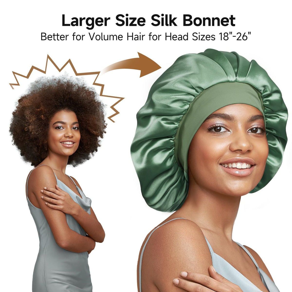 Umisleep bonnet containing long curly hair to demonstrate roomy fit and protection