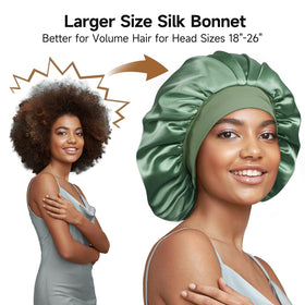 Umisleep bonnet containing long curly hair to demonstrate roomy fit and protection