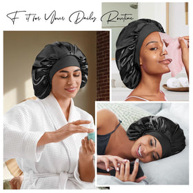 Umisleep woman wearing bonnet in bedroom showcasing comfort and overnight protection