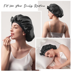 Umisleep bonnet on bedside table with pajamas, convenient night routine essential