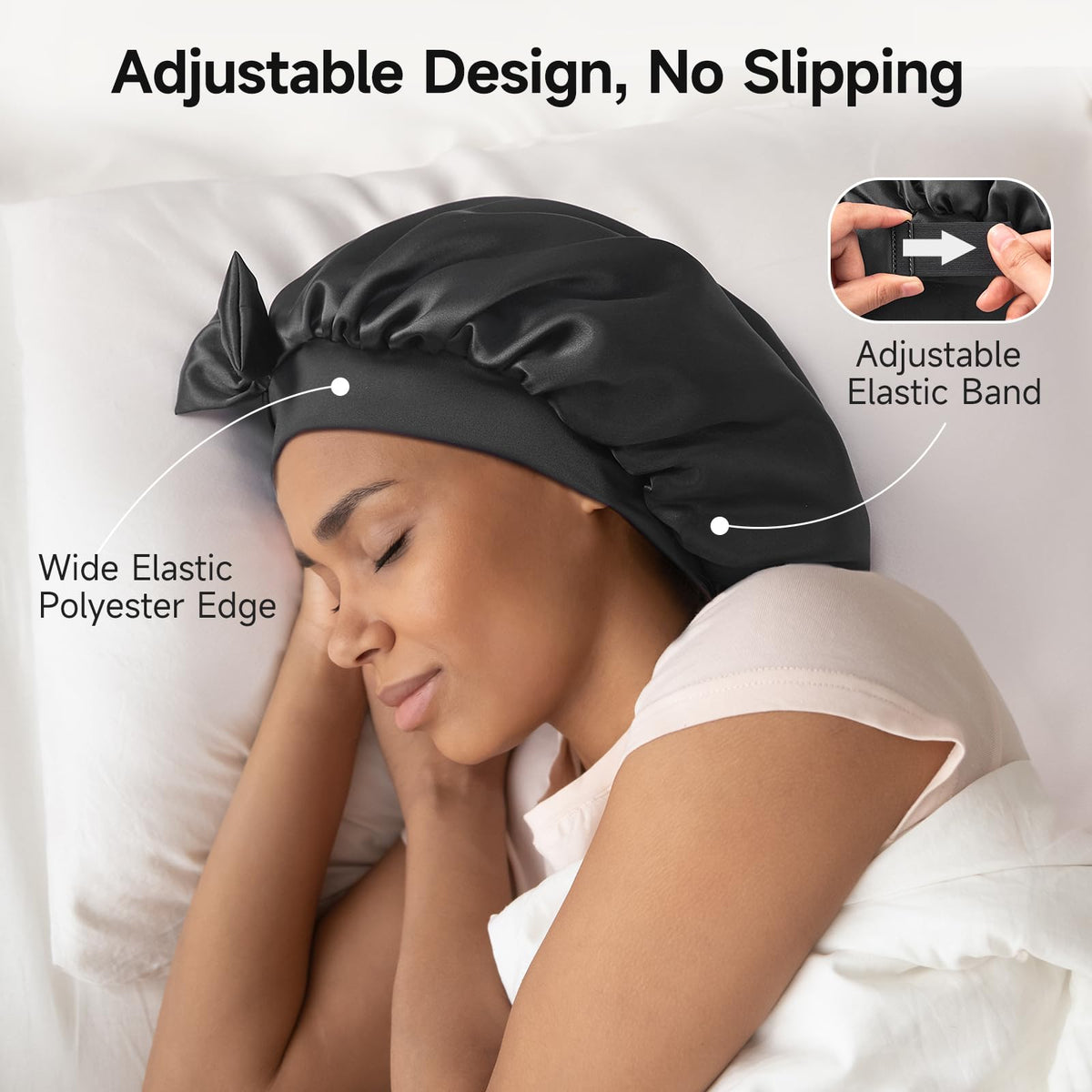 Umisleep model wearing bonnet with long curly hair, maintains hairstyle overnight