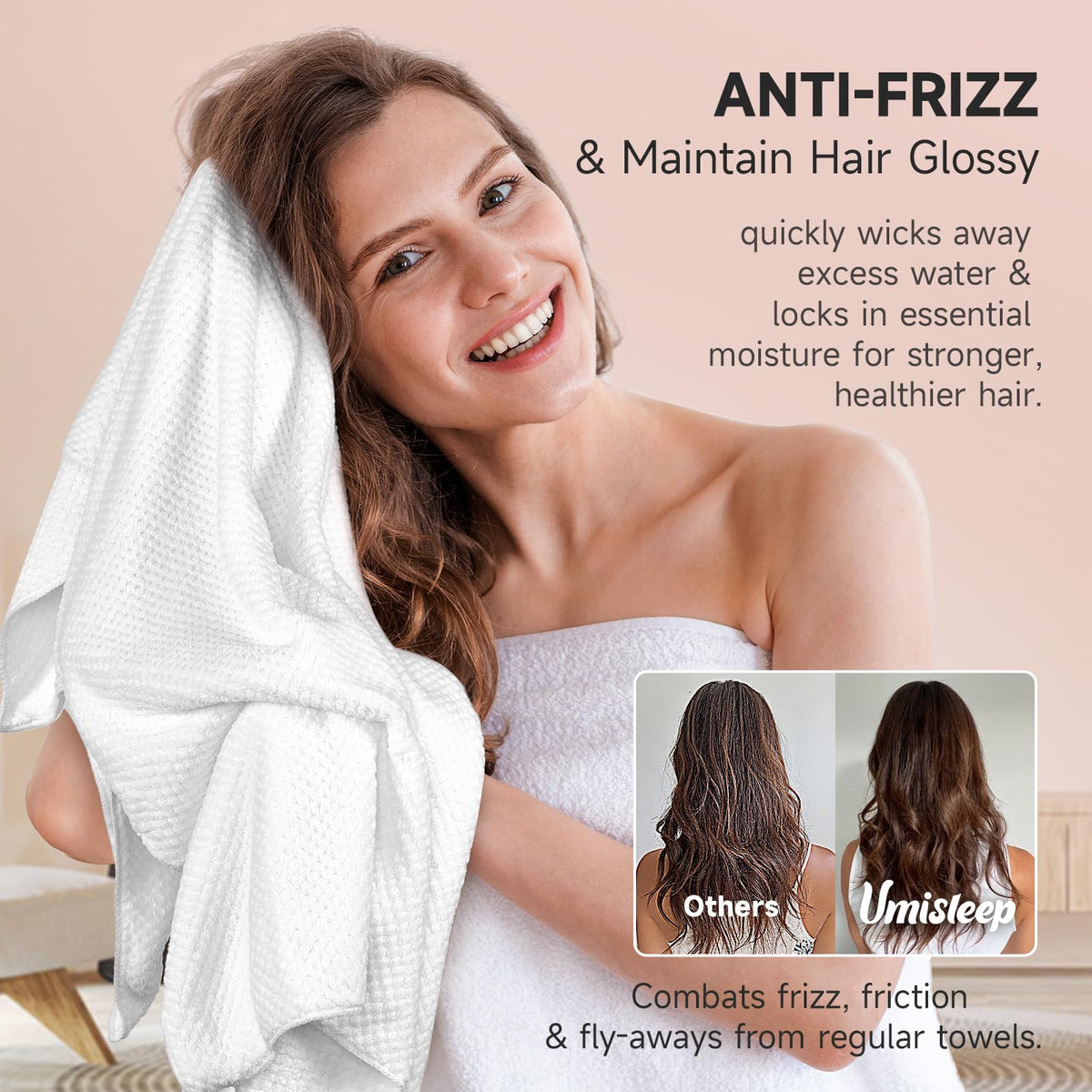 Umisleep towel beside ruler showing 40x30 size for long hair
