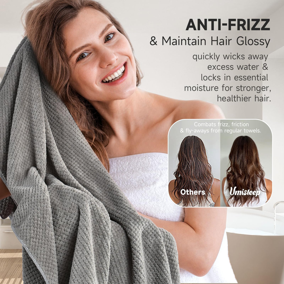 Umisleep towel on woman with curly hair demonstrating frizz control