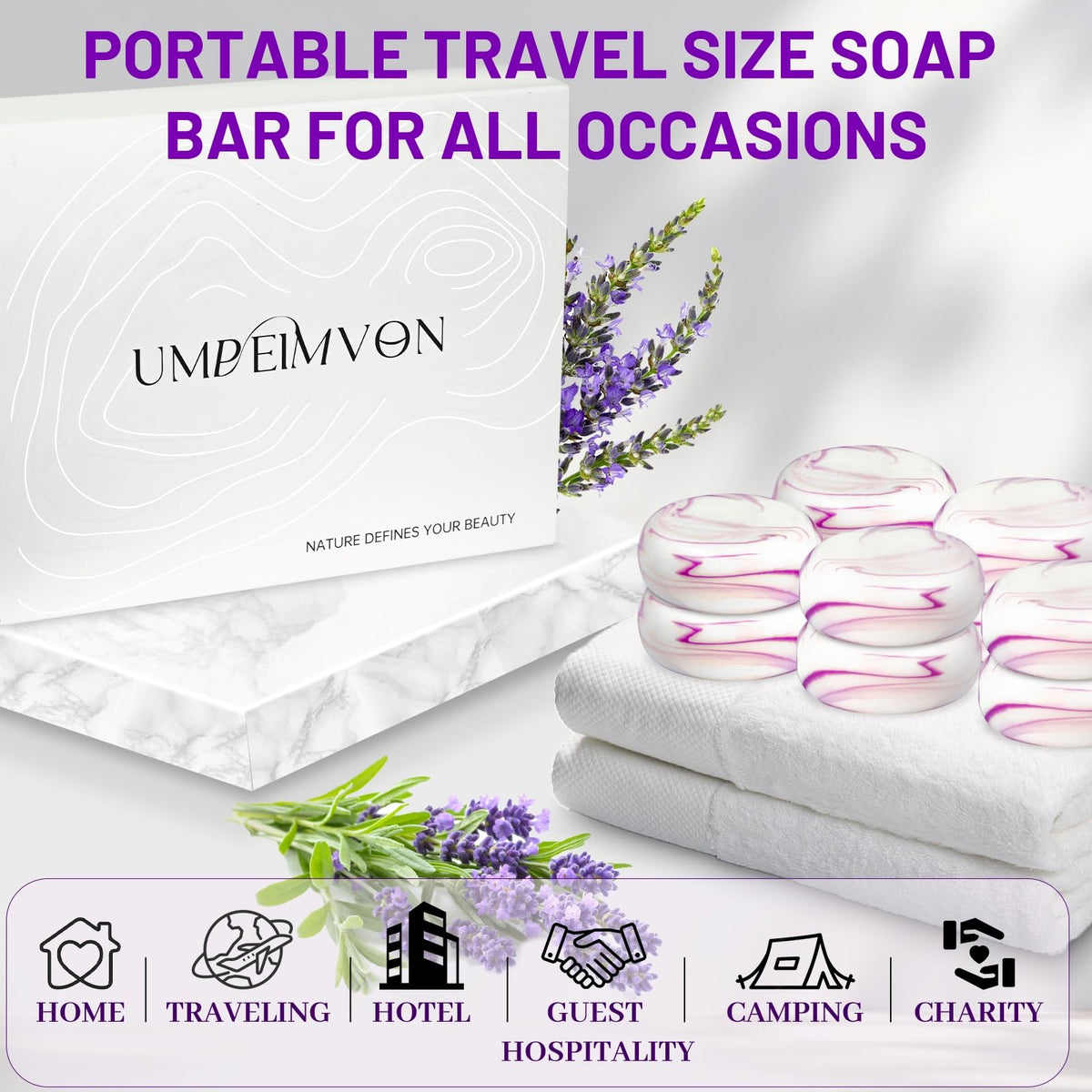 Umpeimvon soap next to credit card illustrating compact travel-friendly size