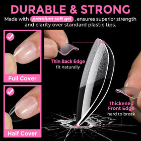 UNA GELLA spread of 216 clear gel tips illustrating quantity and variety for multiple manicures