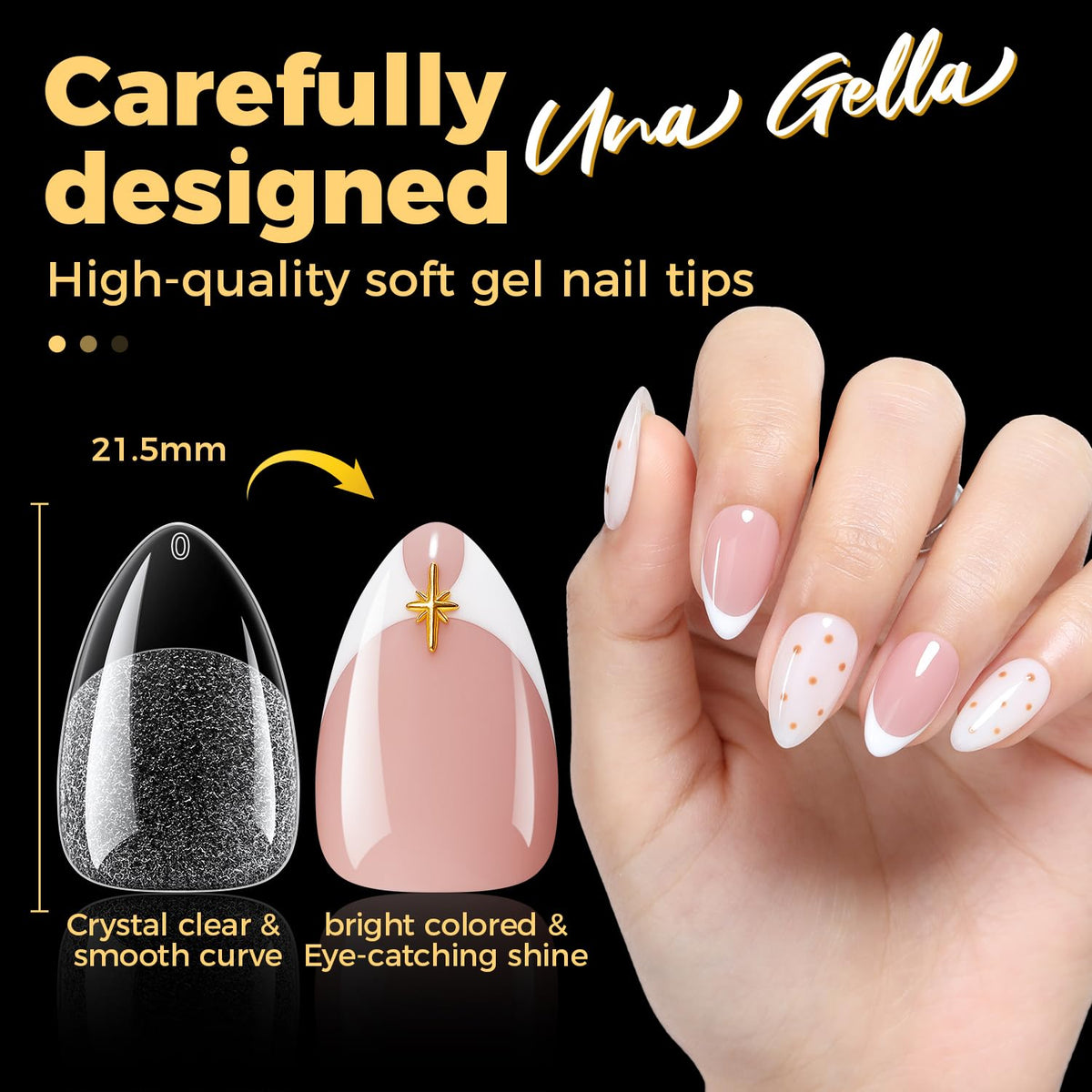 UNA GELLA tips with different adhesives demonstration showing secure long-wear benefit