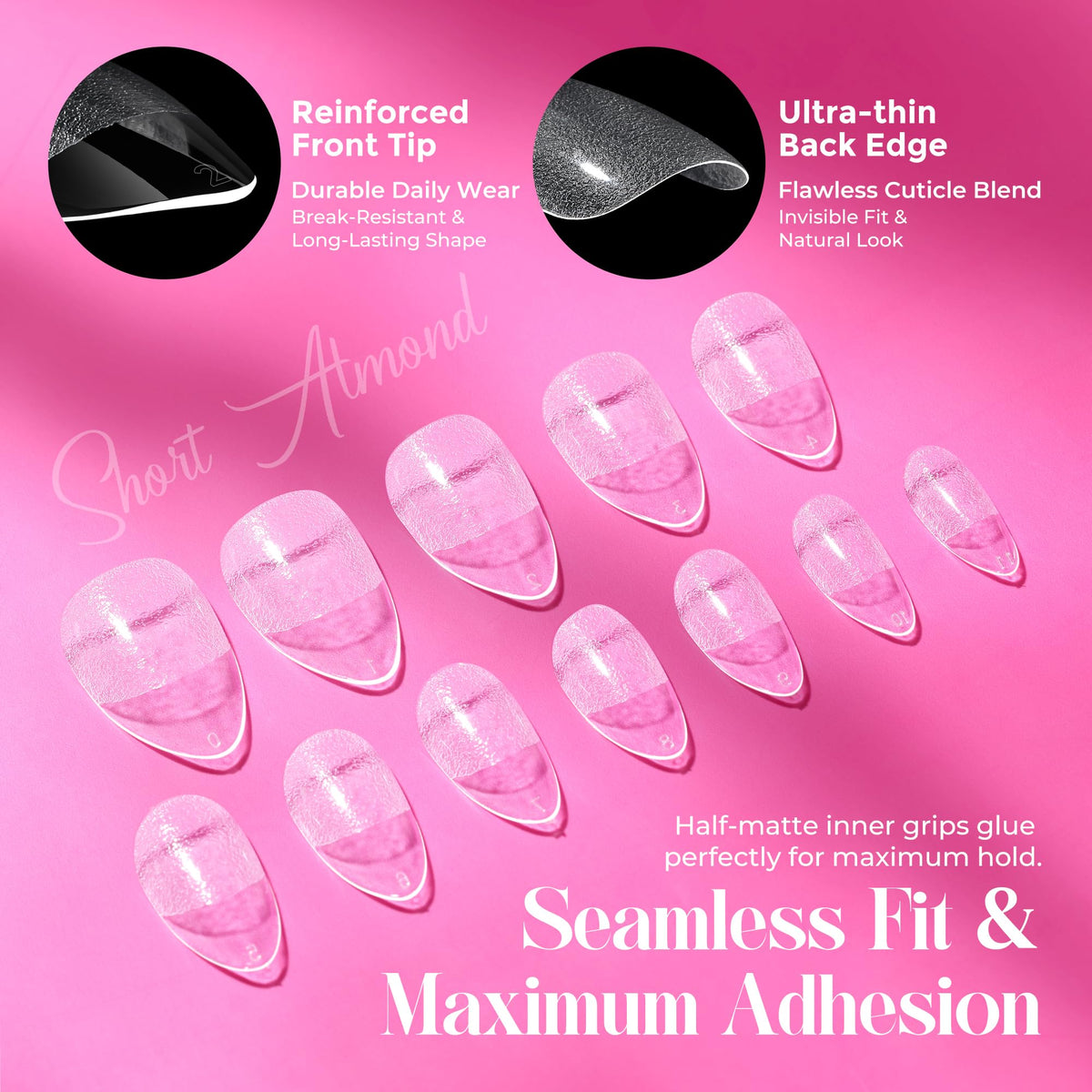 UNA GELLA almond tips array in 12 sizes for precise finger fit