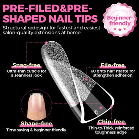 UNA GELLA hand applying press-on tip demonstrating quick application benefit