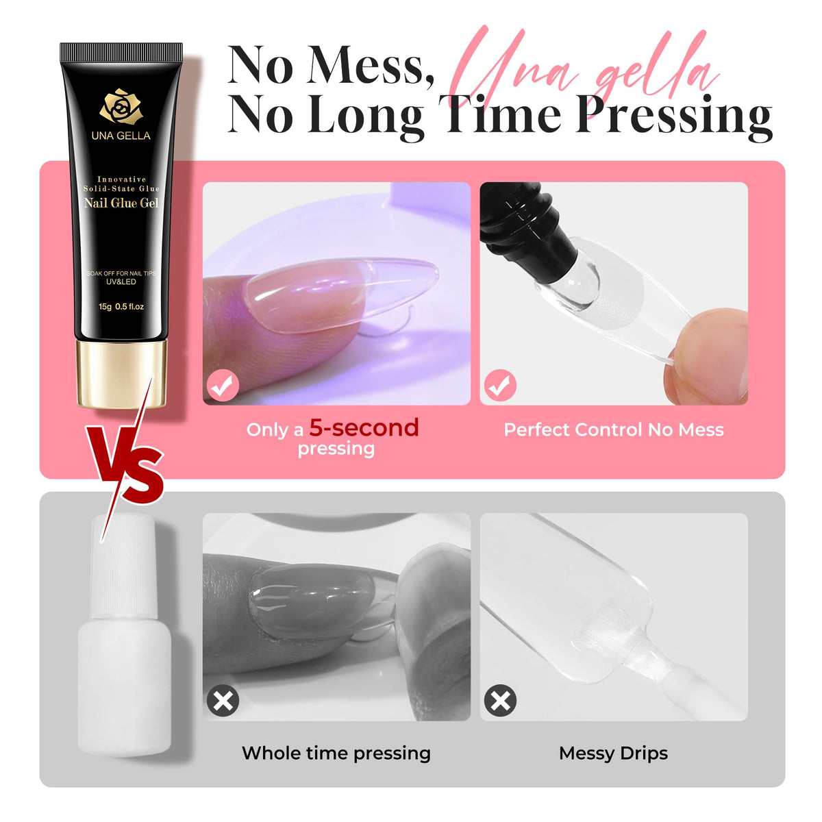 UNA GELLA bottle with soft gel tips demonstrating secure bonding for extensions