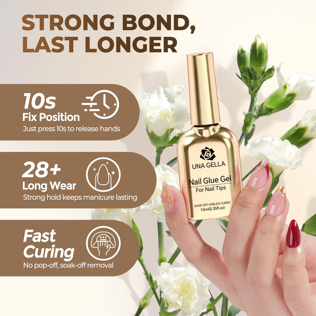 UNA GELLA brush applying gel to nail tip for neat placement and no overflow