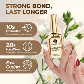 UNA GELLA brush applying gel to nail tip for neat placement and no overflow