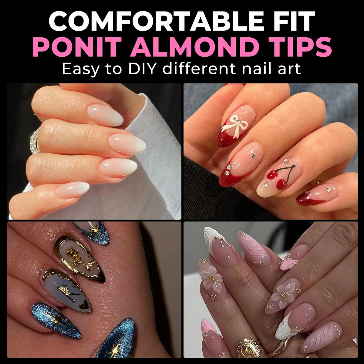 UNA GELLA clear almond tips spread on a backdrop showing natural look and versatility