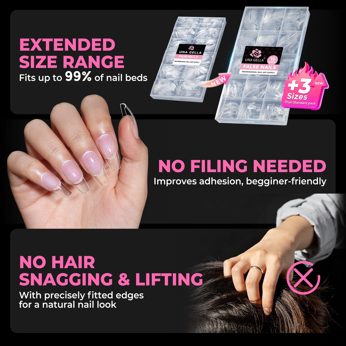 UNA GELLA clear tip edge and flat tip detail showing clean shape benefit