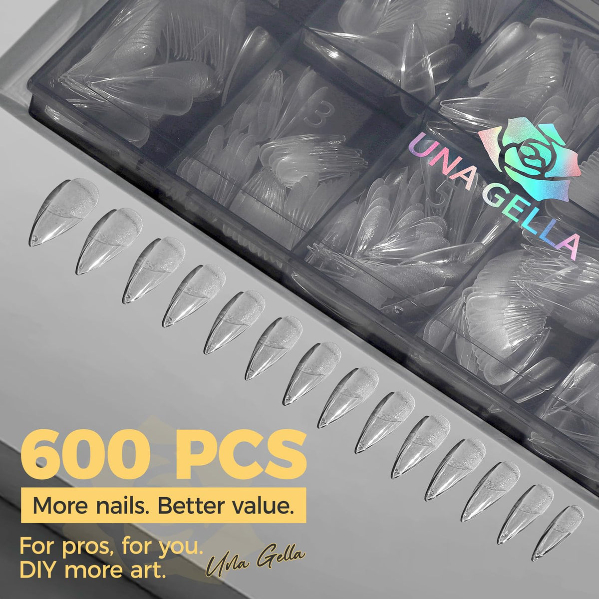 UNA GELLA arranged tips displaying 12 sizes for accurate size matching