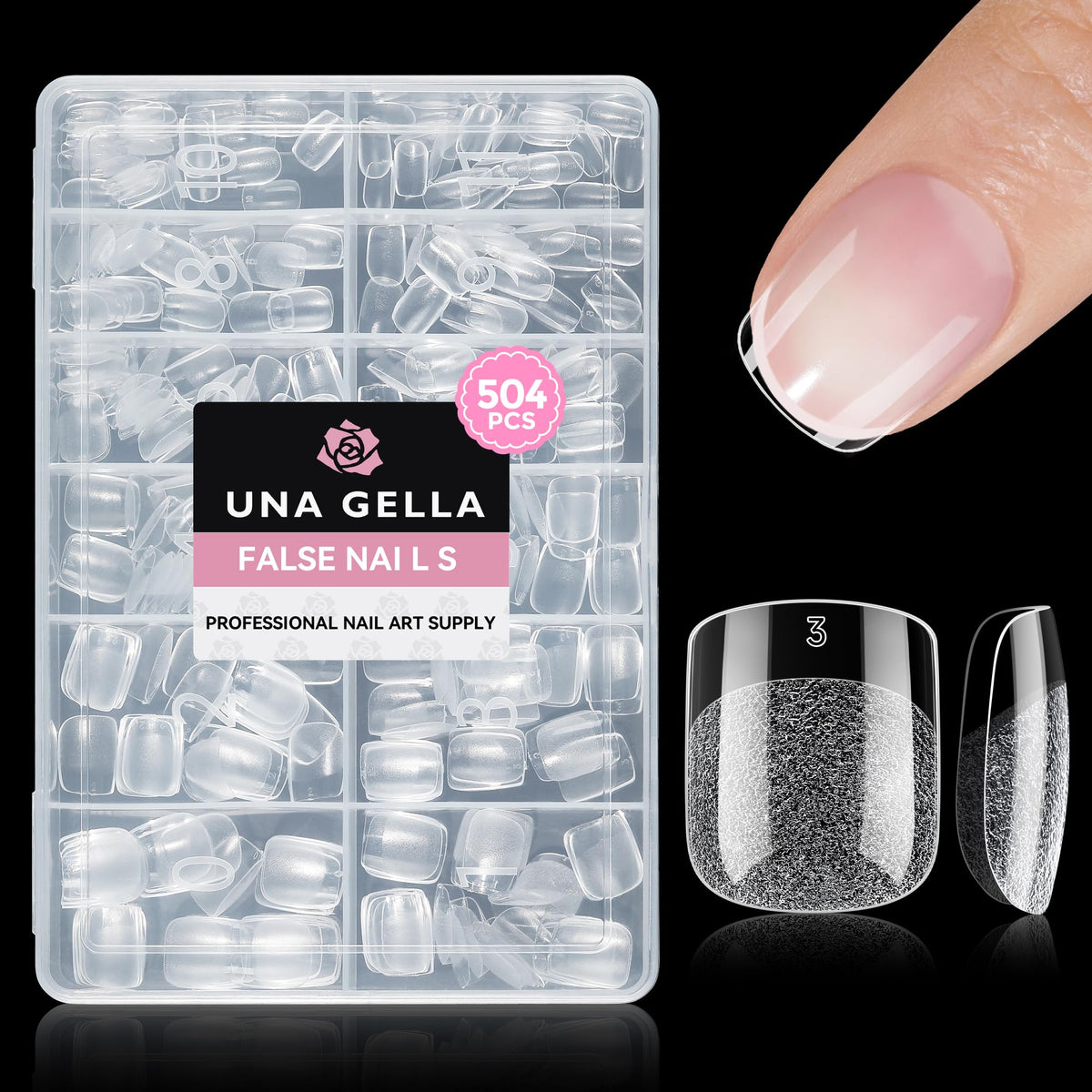 UNA GELLA clear tips neatly arranged in storage box for organization