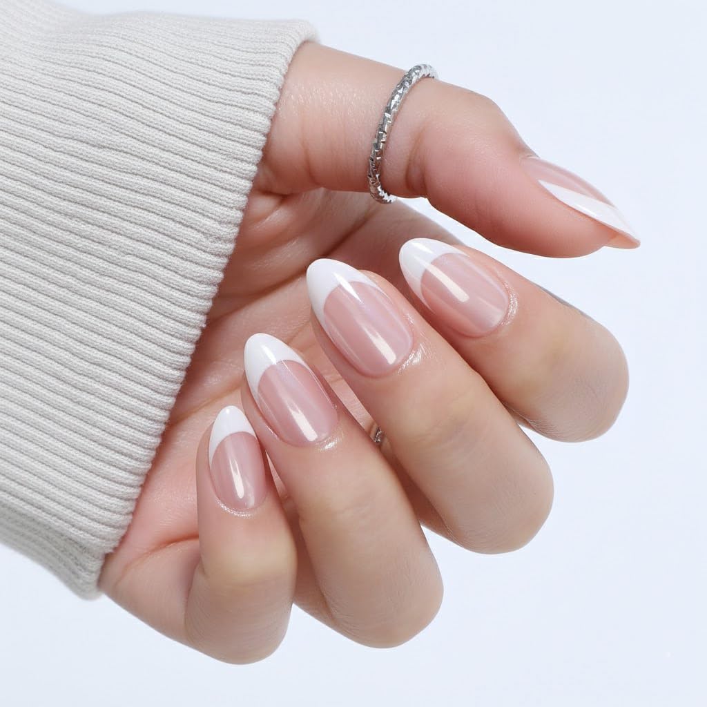 UNA GELLA close-up almond French tip showing glossy gel finish benefit: salon shine