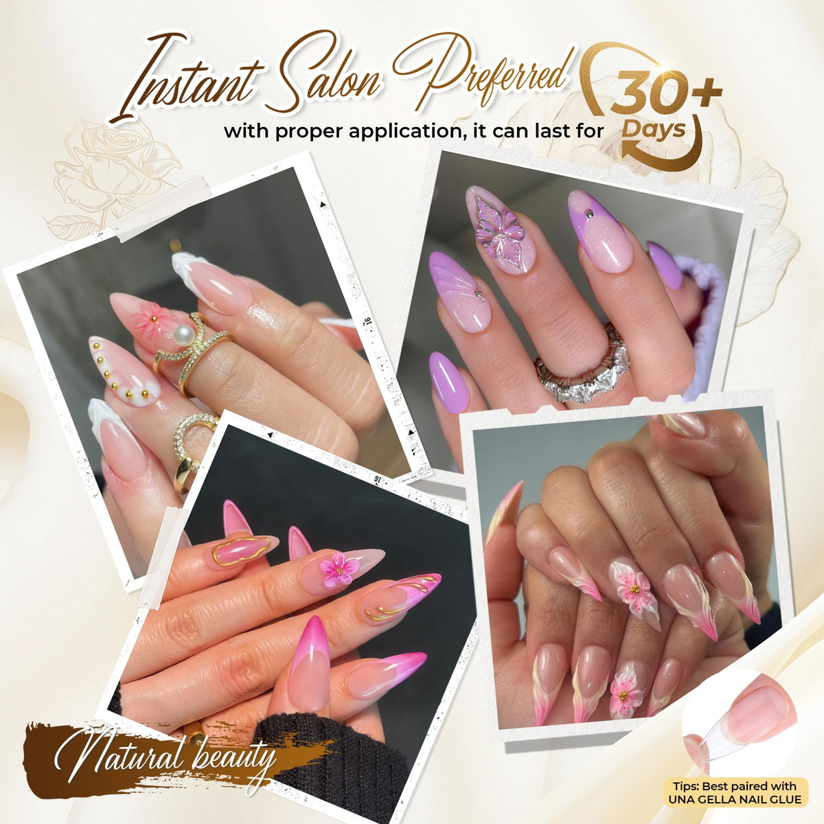 UNA GELLA close-up of frosted inner nail bed highlighting pre-shaped surface for less filing
