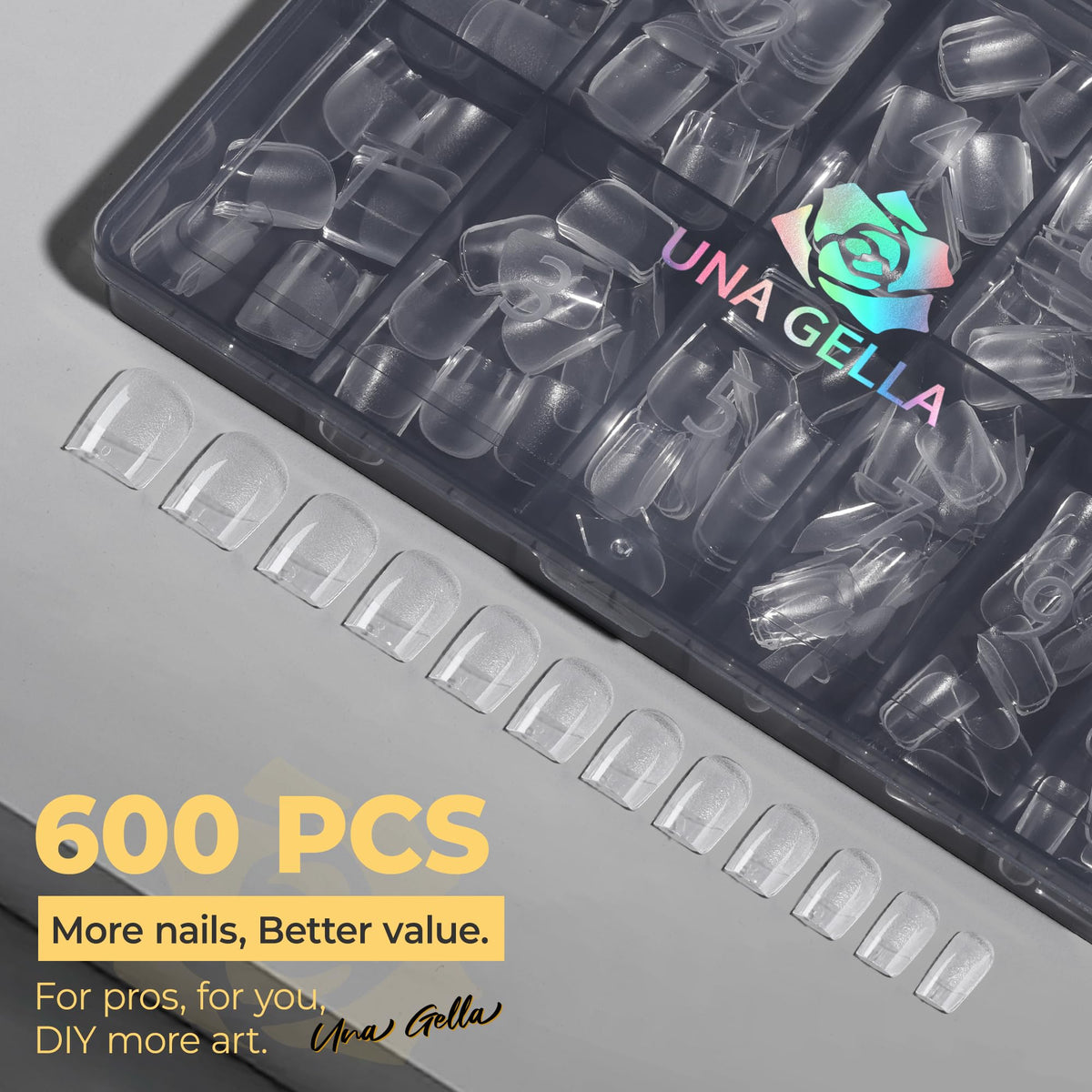 UNA GELLA spread of clear tips highlighting volume for refills and practice