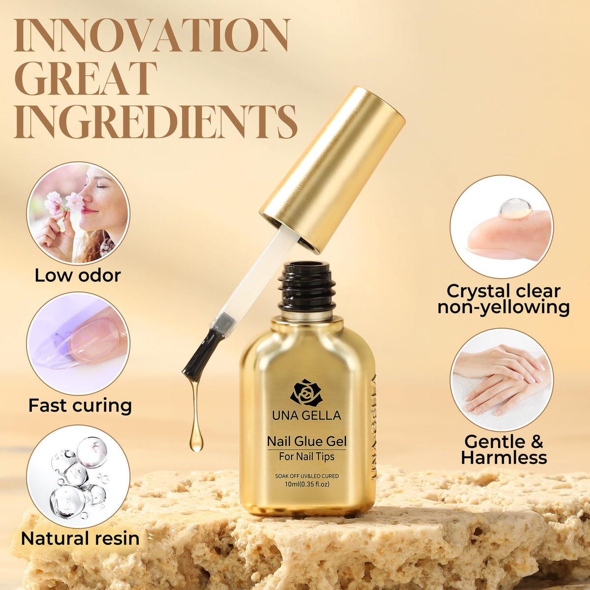 UNA GELLA cured glossy finish on clear tip highlighting durable, non-yellowing sheen