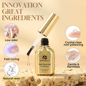 UNA GELLA cured glossy finish on clear tip highlighting durable, non-yellowing sheen
