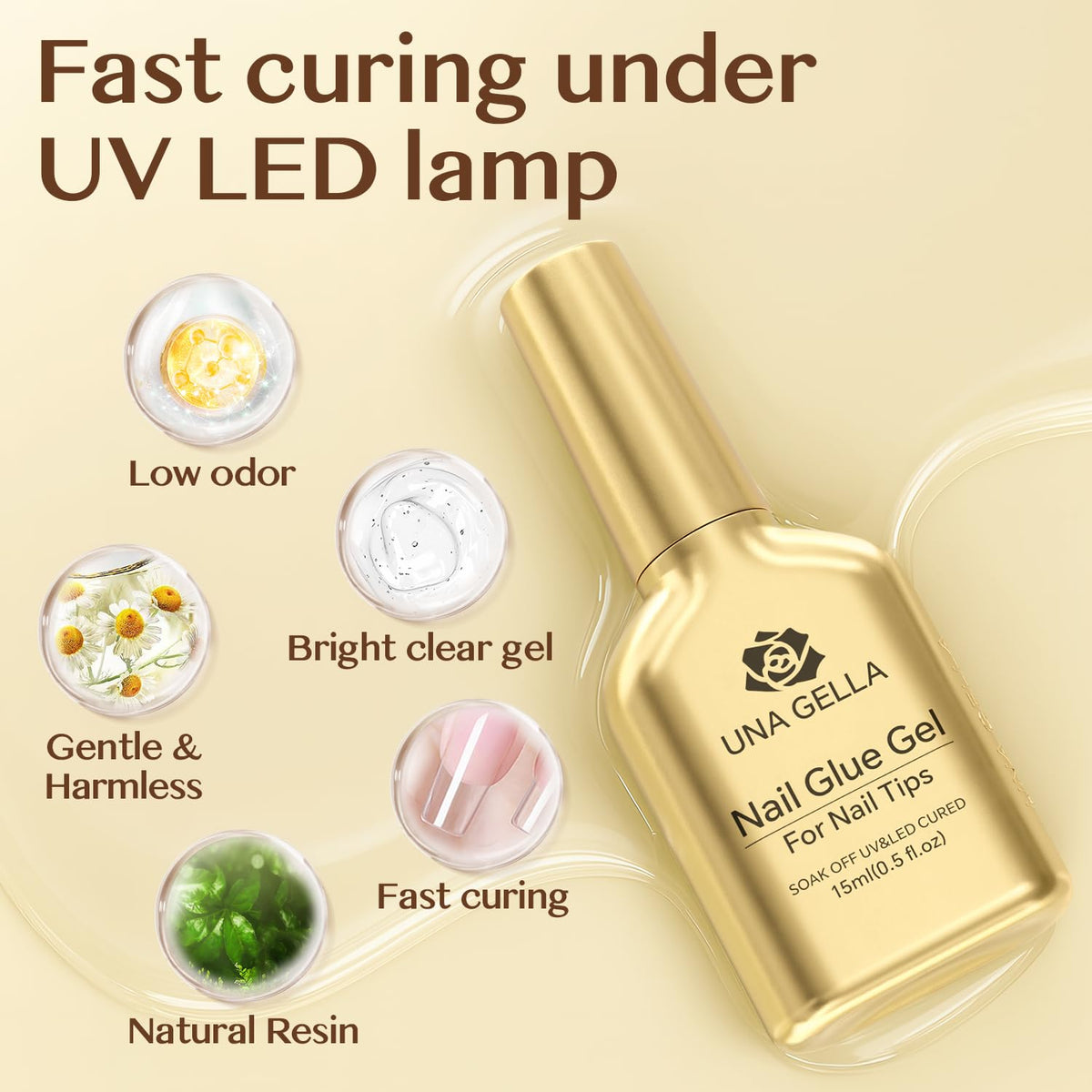 UNA GELLA curing under LED lamp showing quick cure and durable adhesion
