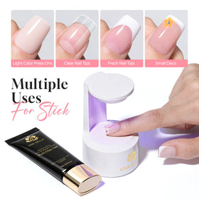 UNA GELLA curing under LED lamp illustrating fast set time and reliable adhesion