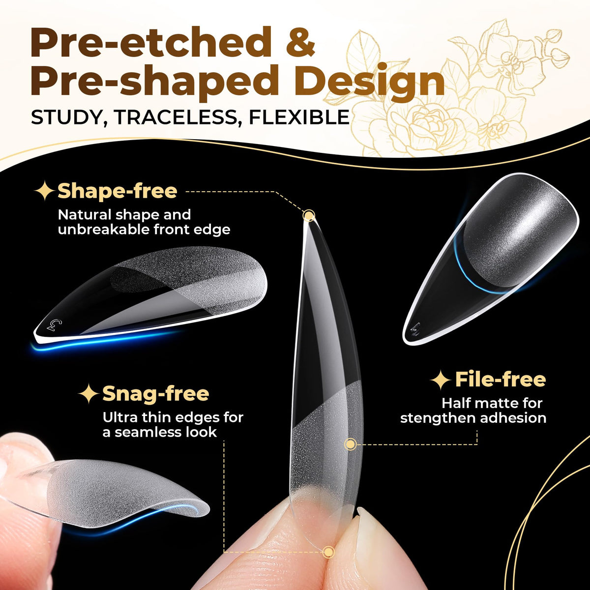 UNA GELLA edge profile showing thick-front thin-back design for strength and comfort