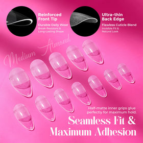 UNA GELLA finished medium almond nails in lifestyle setting, polished look