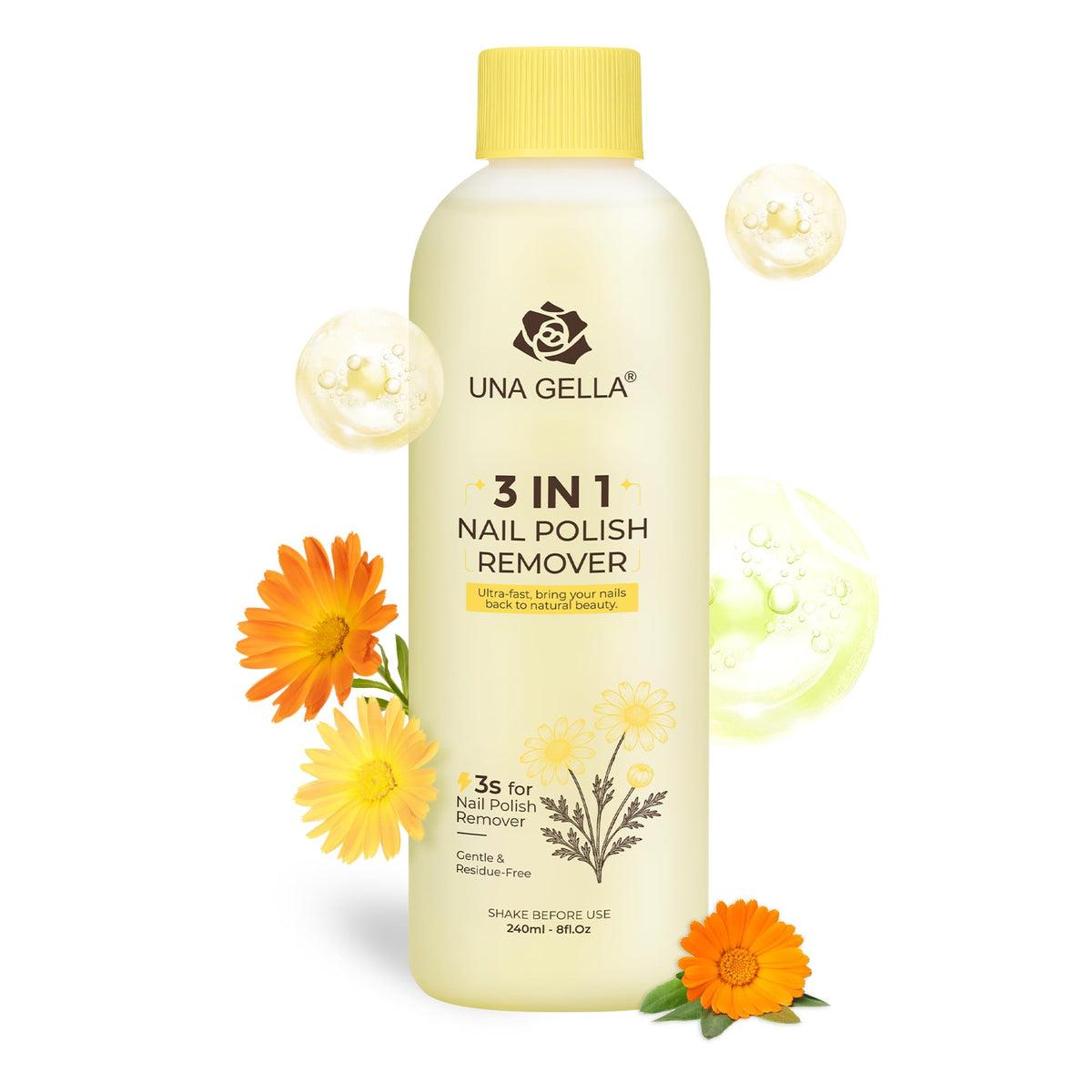 UNA GELLA front bottle view showing 8 fl oz and calendula scent, quick removal benefit