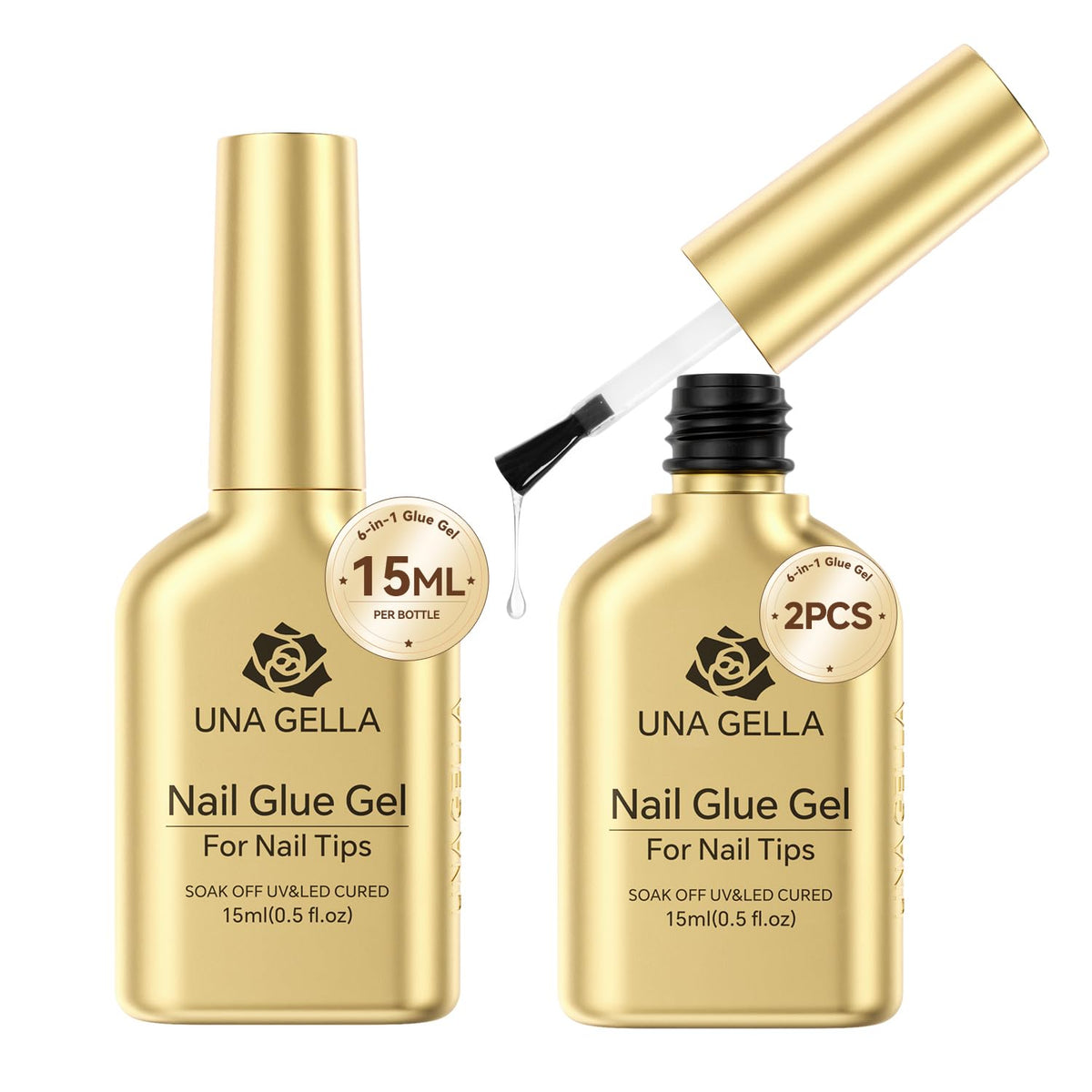 UNA GELLA front packaging showing two 15ml bottles and strong adhesive benefit