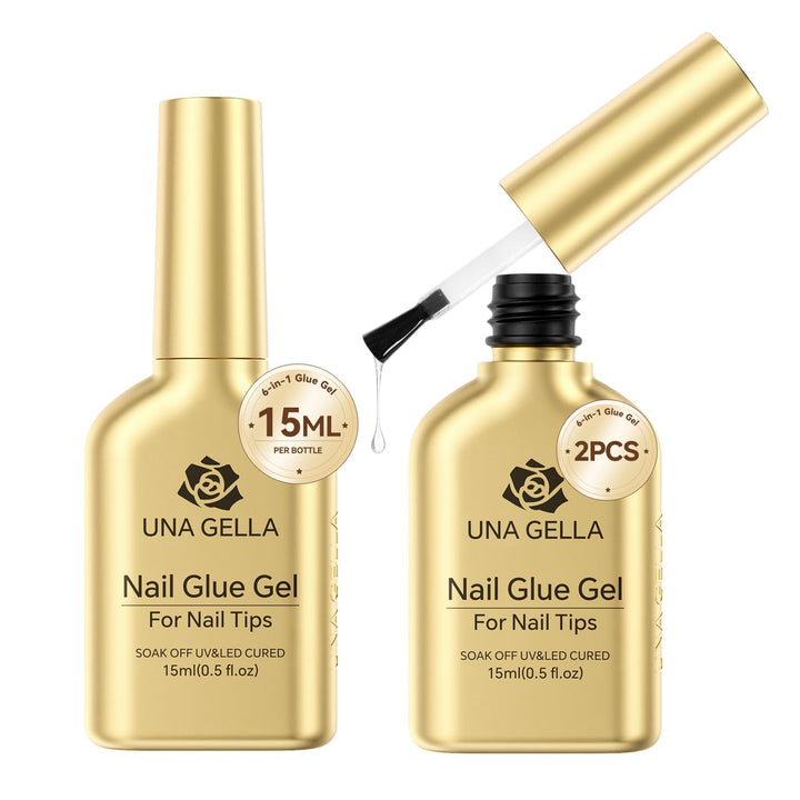 UNA GELLA front packaging showing two 15ml bottles and strong adhesive benefit