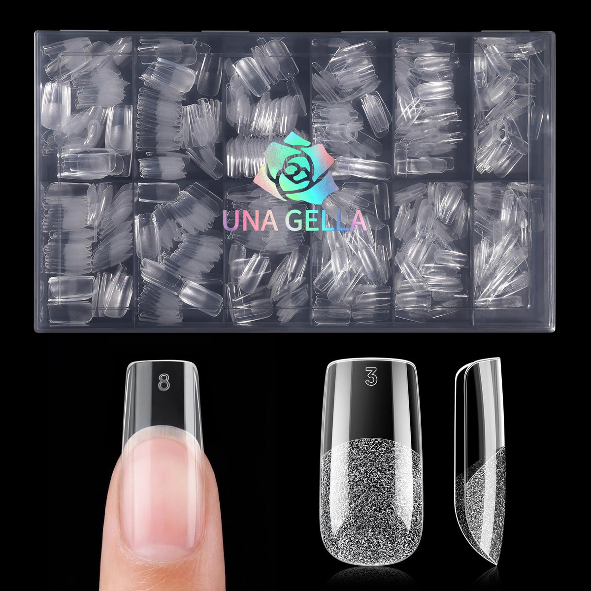 UNA GELLA front packaging of 600pcs clear tips shows full professional supply