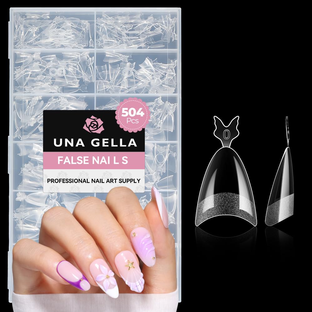 UNA GELLA front packaging showing 504 almond gel tips and benefits