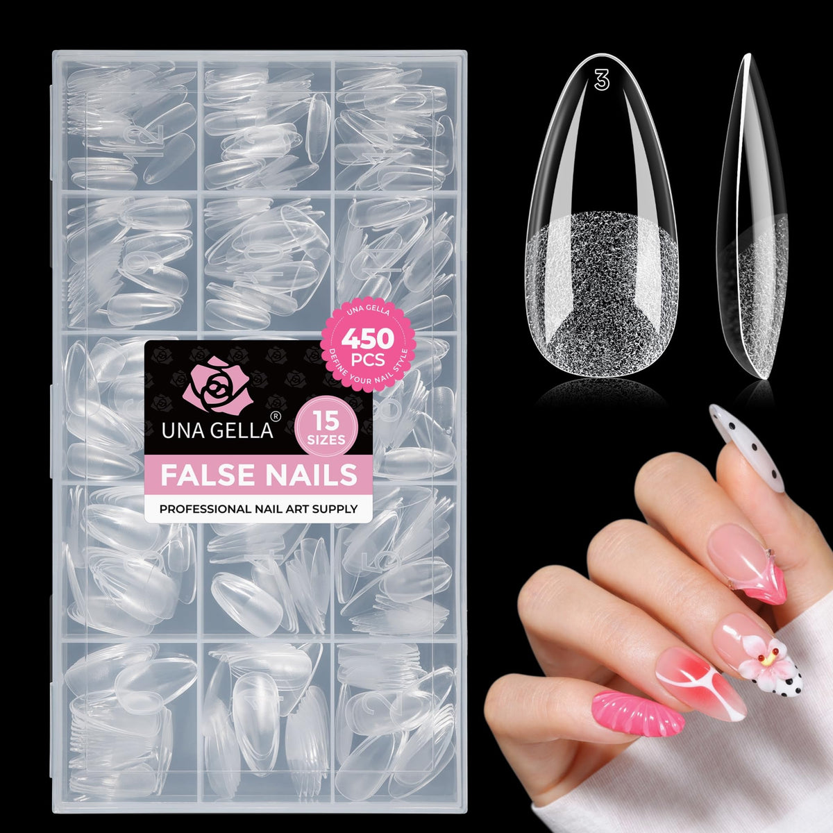 UNA GELLA front packaging showing 450 almond gel tips and easy selection